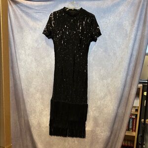 Black Sequin Fringe Midi Dress